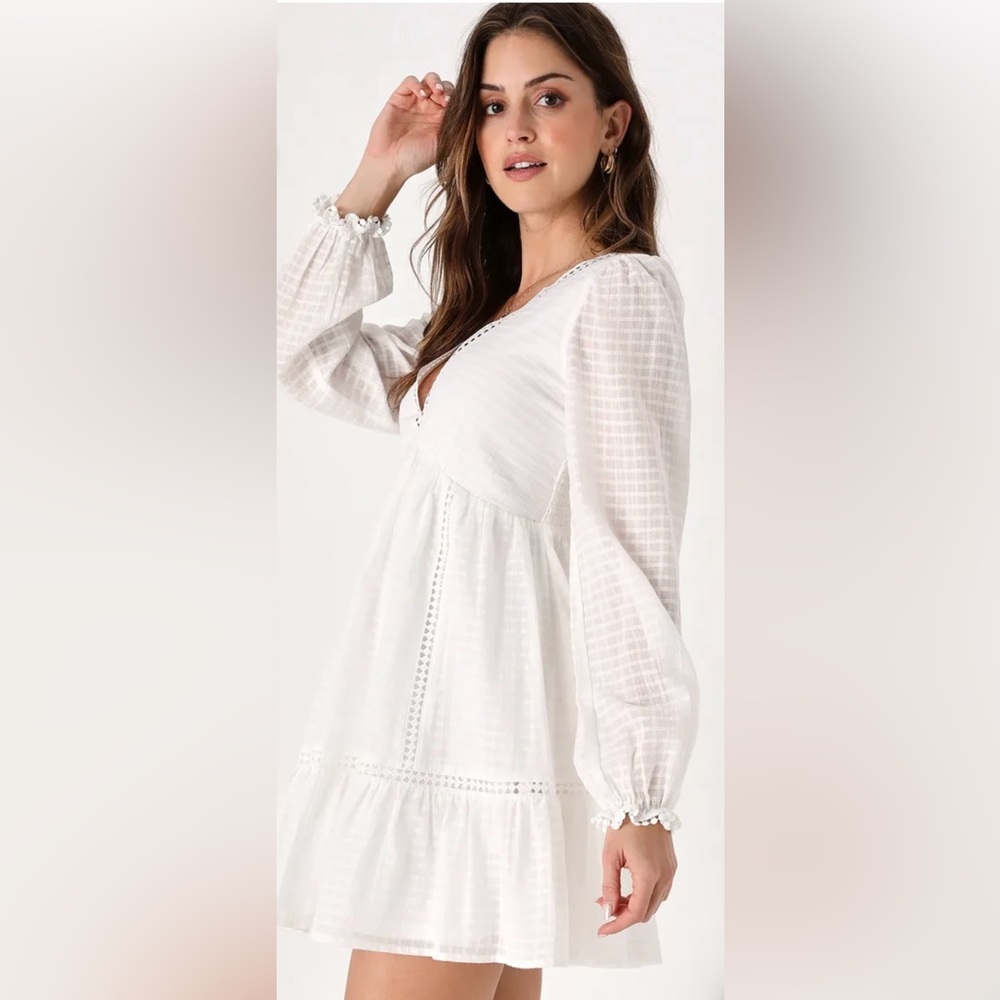 Lulu’s Sunny Desires White Long Sleeve Mini Babydoll Dress || NWT - Picture 2 of 6